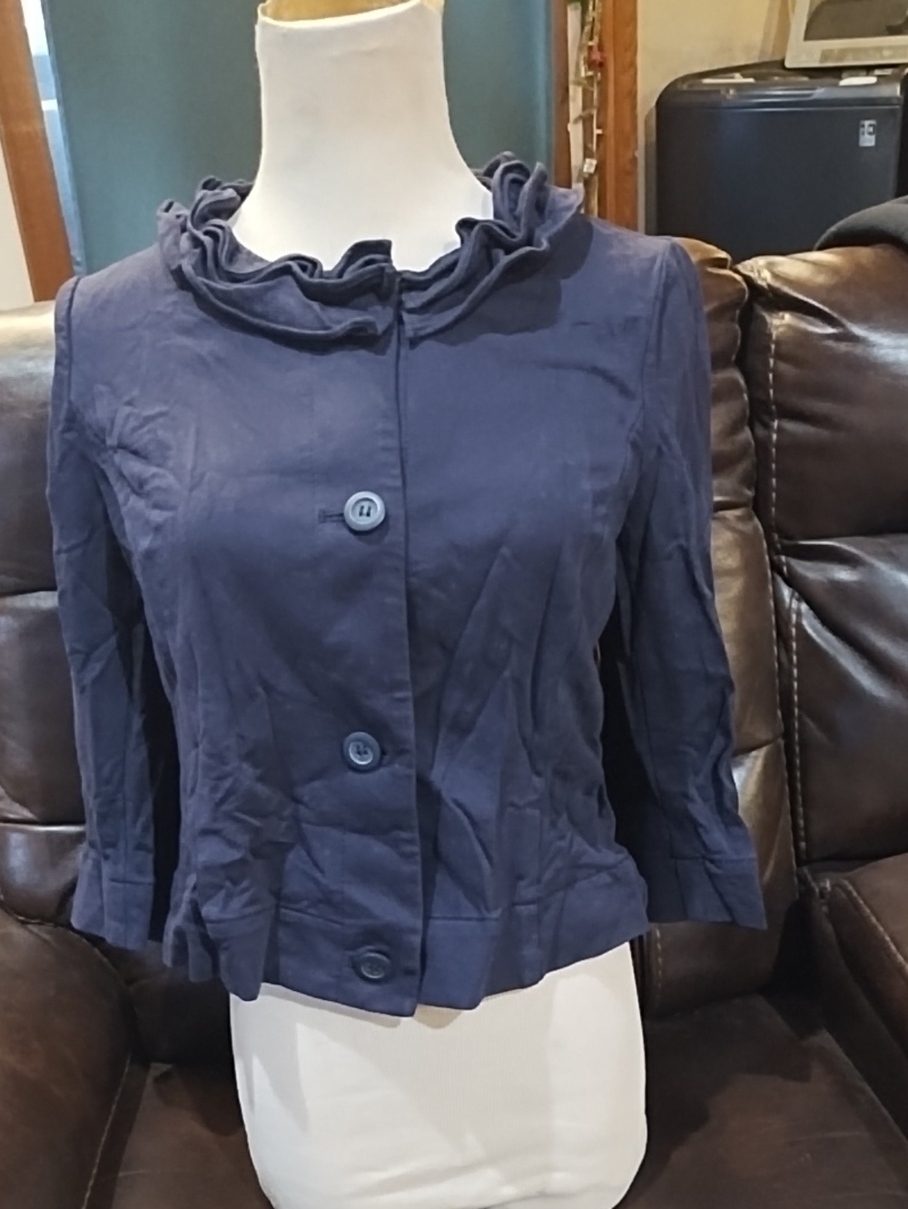 LOFT Navy Ruffle Collar Blazer Jacket